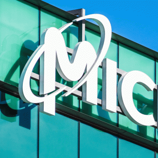 Micron logo on building